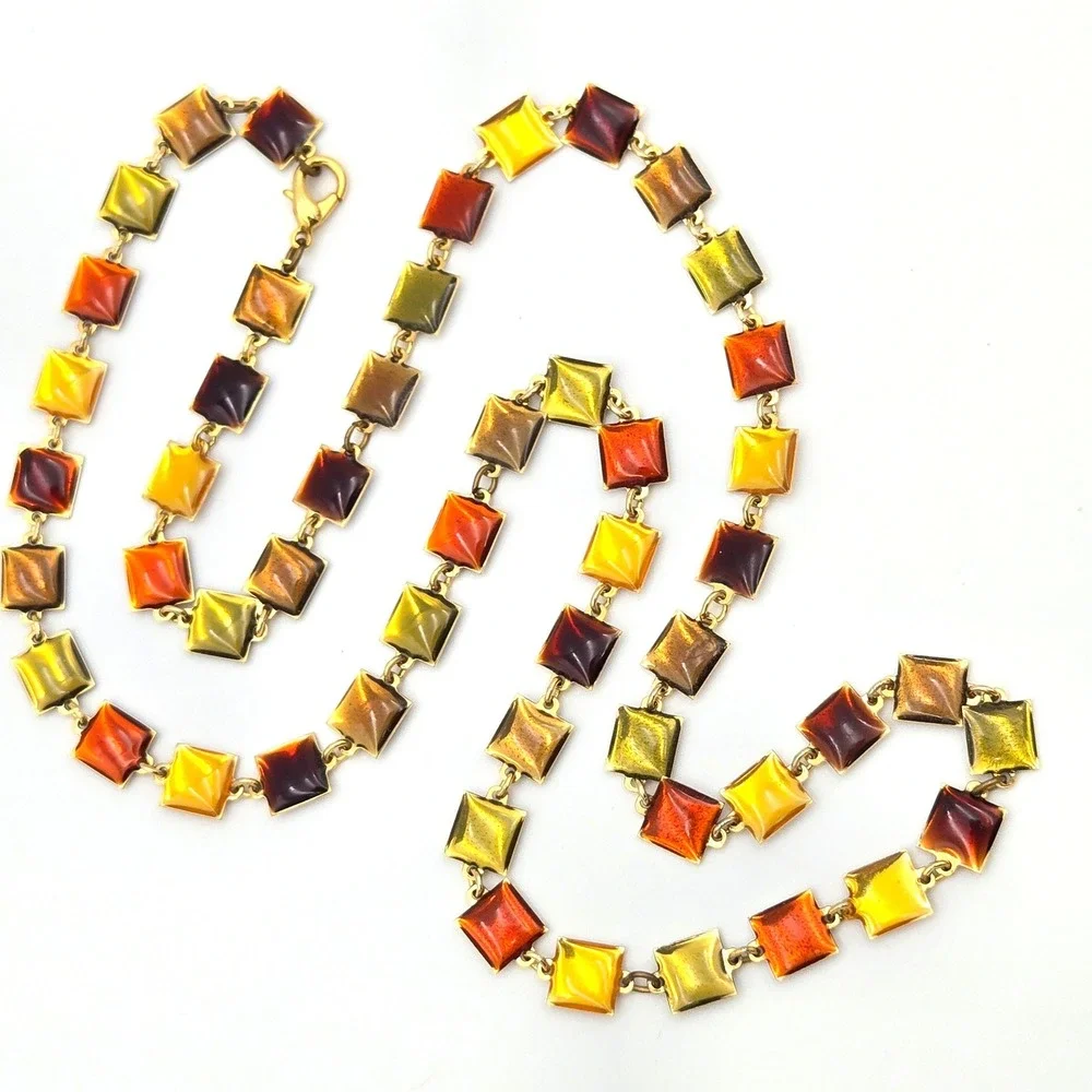 Vintage Earth Tone Enamel Square Station Necklace Gold Tone Long 36‎ Inch
